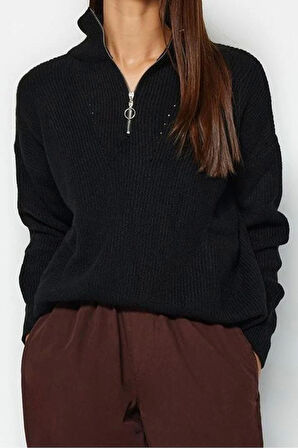 Kadın Moda Şık Regular Dik Yaka Uzun Kol Düz Couple Yumuşak Dokulu Fermuarlı Triko Kazak