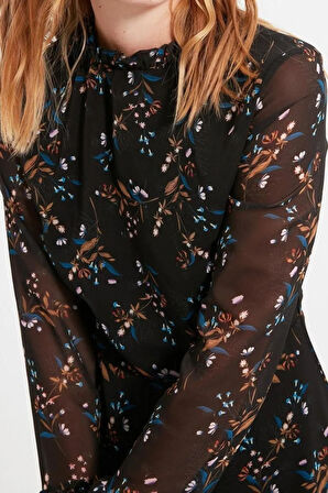 Yeni Regular Gündüz Gece Şifon Dokuma Dik Yaka Uzun Kol A-Line Mini Boy Elbise