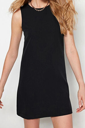 Yeni Regular Business Finike Dokuma Bisiklet Yaka Kolsuz Kol Shift Mini Boy Elbise