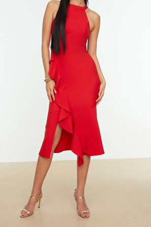 Yeni Fit Mezuniyet Balo Finike Dokuma Halter Yaka Kolsuz Kol Anvelop Midi Boy Elbise