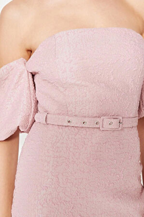 Yeni Fit Mezuniyet Balo Jakar Dokuma Carmen Yaka Kısa Kol Bodycone Midi Boy Elbise