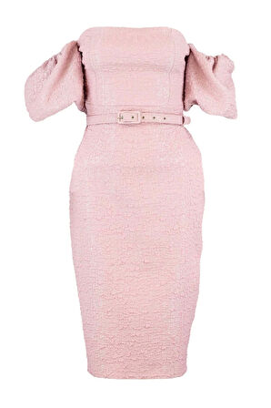 Yeni Fit Mezuniyet Balo Jakar Dokuma Carmen Yaka Kısa Kol Bodycone Midi Boy Elbise