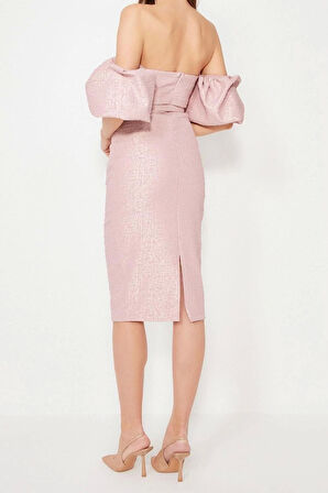 Yeni Fit Mezuniyet Balo Jakar Dokuma Carmen Yaka Kısa Kol Bodycone Midi Boy Elbise