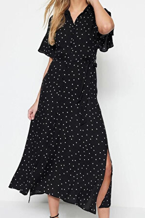 Yeni Regular Casual Günlük Shally Dokuma Gömlek Yaka Kısa Kol Gömlek Elbise Midi Boy Elbise