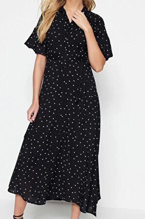 Yeni Regular Casual Günlük Shally Dokuma Gömlek Yaka Kısa Kol Gömlek Elbise Midi Boy Elbise