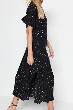 Yeni Regular Casual Günlük Shally Dokuma Gömlek Yaka Kısa Kol Gömlek Elbise Midi Boy Elbise