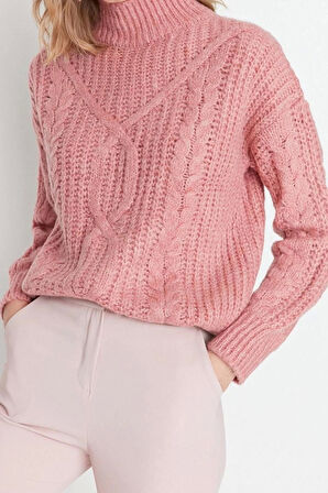 Kadın Moda Şık Regular Dik Yaka Uzun Kol Dokulu Yumuşak Dokulu Geniş Kalıp Triko Kazak