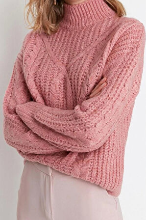 Kadın Moda Şık Regular Dik Yaka Uzun Kol Dokulu Yumuşak Dokulu Geniş Kalıp Triko Kazak