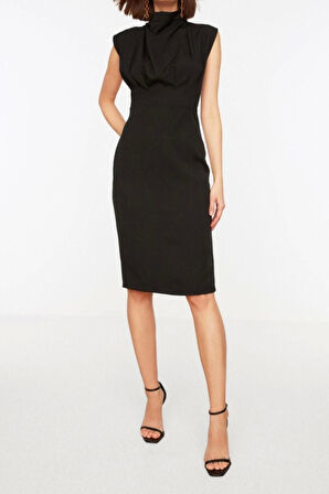 Yeni Slim Gündüz Gece Finike Dokuma Dik Yaka Kolsuz Kol Bodycone Midi Boy Elbise