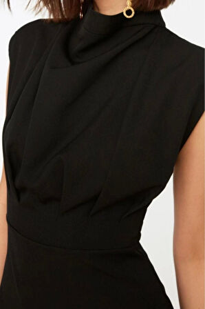 Yeni Slim Gündüz Gece Finike Dokuma Dik Yaka Kolsuz Kol Bodycone Midi Boy Elbise