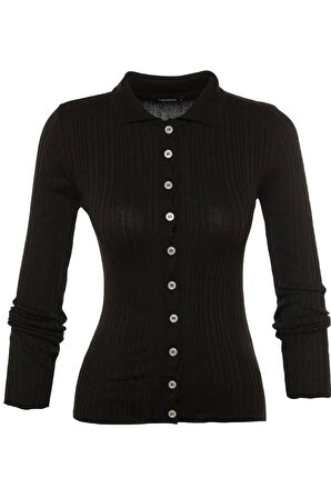 Kadın Moda Şık Regular Polo Yaka Slim Fitilli Polo Yaka Triko Hırka