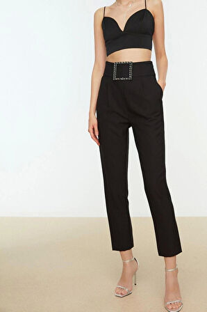 Kadın Yeni Moda Boru Paça Regular Boy Dokuma Kemerli Parlak Taşlı Pantolon