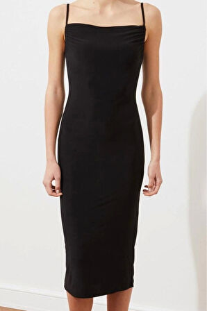 Yeni Slim Gündüz Gece Sandy Örme Degaje Yaka Askılı Kol Bodycone Midi Boy Elbise