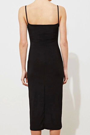 Yeni Slim Gündüz Gece Sandy Örme Degaje Yaka Askılı Kol Bodycone Midi Boy Elbise