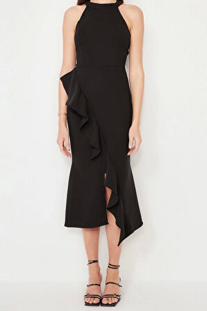 Yeni Fit Mezuniyet Balo Finike Dokuma Halter Yaka Kolsuz Kol Anvelop Midi Boy Elbise