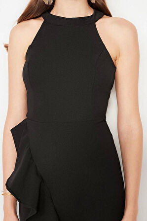 Yeni Fit Mezuniyet Balo Finike Dokuma Halter Yaka Kolsuz Kol Anvelop Midi Boy Elbise