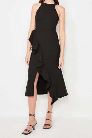 Yeni Fit Mezuniyet Balo Finike Dokuma Halter Yaka Kolsuz Kol Anvelop Midi Boy Elbise