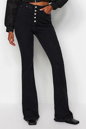 Kadın Moda Şık Kot Pantolon Geniş Paça Uzun Boy Denim Mavi Önden Düğmeli Yüksek Bel Jeans