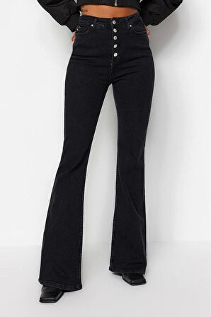 Kadın Moda Şık Kot Pantolon Geniş Paça Uzun Boy Denim Mavi Önden Düğmeli Yüksek Bel Jeans