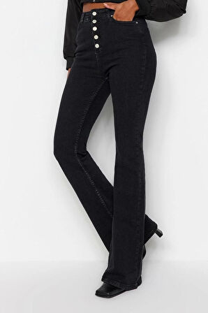 Kadın Moda Şık Kot Pantolon Geniş Paça Uzun Boy Denim Mavi Önden Düğmeli Yüksek Bel Jeans