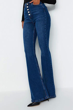 Kadın Moda Şık Kot Pantolon Geniş Paça Uzun Boy Denim Mavi Önden Düğmeli Yüksek Bel Jeans
