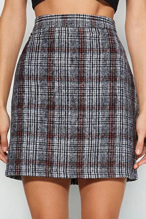 Kadın Moda Stil Mini Astarsız Dokuma Ekose Kaşe Kumaş Mini Dokuma Etek