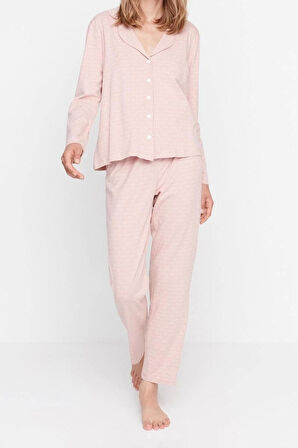 Kadın Moda Gömlek Yaka Boru Paça Uzun Kol %100 Pamuklu Baskılı Gömlek-Pantolon Örme Pijama Takımı