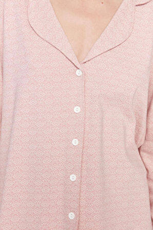 Kadın Moda Gömlek Yaka Boru Paça Uzun Kol %100 Pamuklu Baskılı Gömlek-Pantolon Örme Pijama Takımı