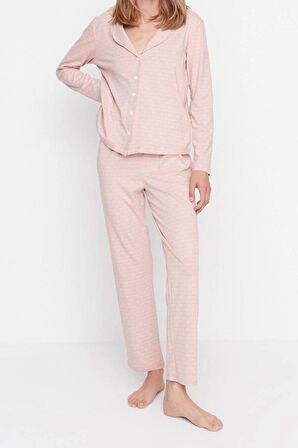 Kadın Moda Gömlek Yaka Boru Paça Uzun Kol %100 Pamuklu Baskılı Gömlek-Pantolon Örme Pijama Takımı