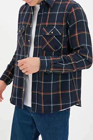 Erkek Moda Uzun Kol Dokuma Lacivert Regular Fit Uzun Kollu Çift Cepli Kışlık Oduncu Kareli Gömlek