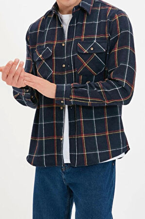 Erkek Moda Uzun Kol Dokuma Lacivert Regular Fit Uzun Kollu Çift Cepli Kışlık Oduncu Kareli Gömlek