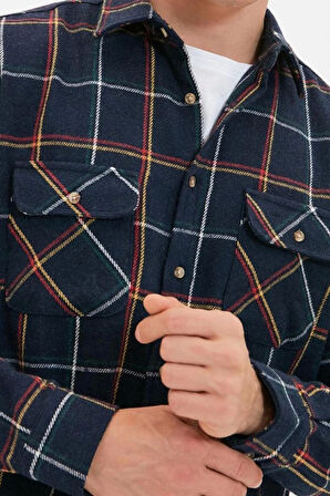 Erkek Moda Uzun Kol Dokuma Lacivert Regular Fit Uzun Kollu Çift Cepli Kışlık Oduncu Kareli Gömlek