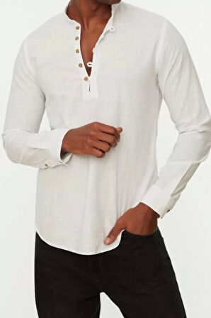 Erkek Moda Uzun Kol Dokuma Koyu Yeşil Slim Fit Yarım Patlı Hakim Yaka %100 Pamuklu Gömlek