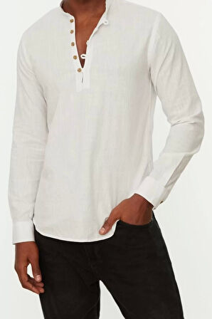 Erkek Moda Uzun Kol Dokuma Koyu Yeşil Slim Fit Yarım Patlı Hakim Yaka %100 Pamuklu Gömlek