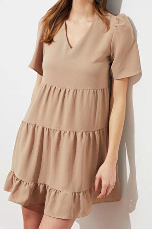 Kadın Moda Şık Mini Boy V Yaka Regular Geniş Kesim Dokuma Elbise