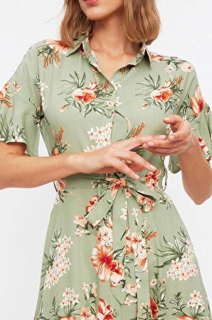 Yeni Regular Casual Günlük Shally Dokuma Gömlek Yaka Kısa Kol Gömlek Elbise Midi Boy Elbise