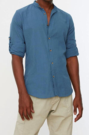 Erkek Moda Uzun Kol Dokuma Koyu Lacivert Slim Fit Basic Hakim Yaka Apoletli %100 Pamuklu Gömlek