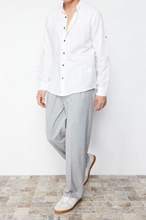Erkek Moda Uzun Kol Dokuma Koyu Lacivert Slim Fit Basic Hakim Yaka Apoletli %100 Pamuklu Gömlek
