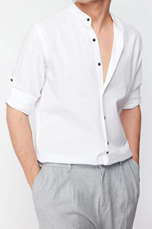 Erkek Moda Uzun Kol Dokuma Koyu Lacivert Slim Fit Basic Hakim Yaka Apoletli %100 Pamuklu Gömlek
