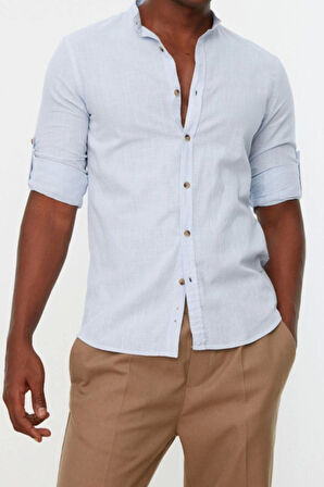 Erkek Moda Uzun Kol Dokuma Koyu Lacivert Slim Fit Basic Hakim Yaka Apoletli %100 Pamuklu Gömlek