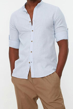 Erkek Moda Uzun Kol Dokuma Koyu Lacivert Slim Fit Basic Hakim Yaka Apoletli %100 Pamuklu Gömlek