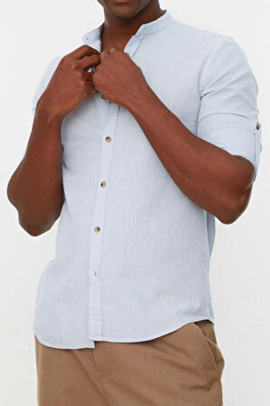 Erkek Moda Uzun Kol Dokuma Koyu Lacivert Slim Fit Basic Hakim Yaka Apoletli %100 Pamuklu Gömlek