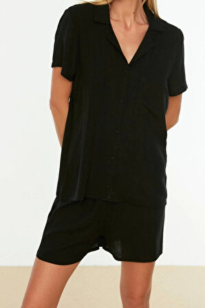 Kadın Viskon Gömlek Yaka Kısa Kol Viskon Gömlek-Şort Dokuma Pijama Takımı