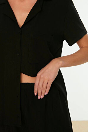 Kadın Viskon Gömlek Yaka Kısa Kol Viskon Gömlek-Şort Dokuma Pijama Takımı