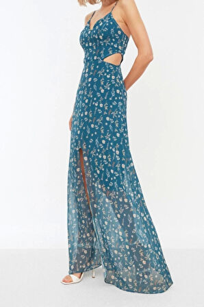 Yeni Regular Gündüz Gece Şifon Dokuma V Yaka Askılı Kol A-Line Maxi Boy Elbise