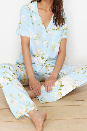 Kadın %100 Pamuk Gömlek Yaka Kısa Kol %100 Pamuk Çiçek Desenli Gömlek-Pantolon Örme Pijama Takımı