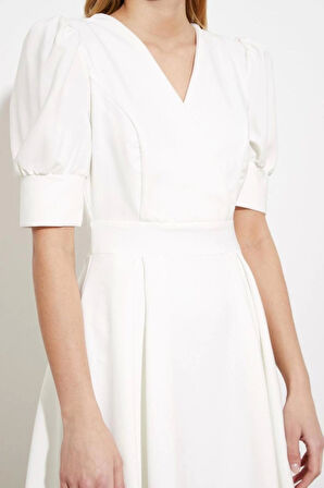 Kadın Moda Şık Mini Boy Kruvaze Regular Yaka Skater Belden Açılan Dokuma Elbise