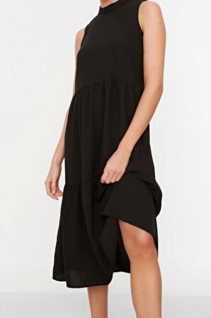 Yeni Regular Casual Günlük Aerobin Dokuma Dik Yaka Kolsuz Kol Shift Midi Boy Elbise