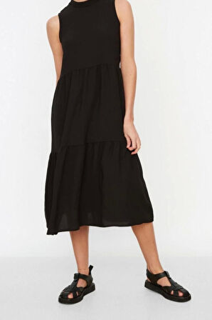 Yeni Regular Casual Günlük Aerobin Dokuma Dik Yaka Kolsuz Kol Shift Midi Boy Elbise