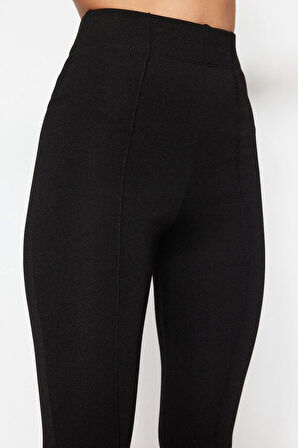 Kadın Moda İspanyol Paça Uzun Boy Örme Nervürlü Beli Lastikli Flare Yüksek Bel Örme Pantolon